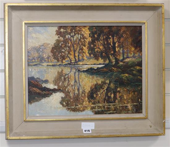 Ronald Ossary Dunlop (1894-1973), oil on board, Autumn river landscape, signed, 35 x 45cm